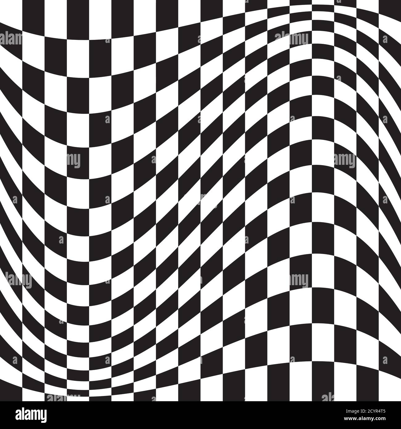 Wavy, waving version Checkered, chequered, chessboard surface with distortion, deformation effect. Distort, deform squares background, pattern. Stock Vector