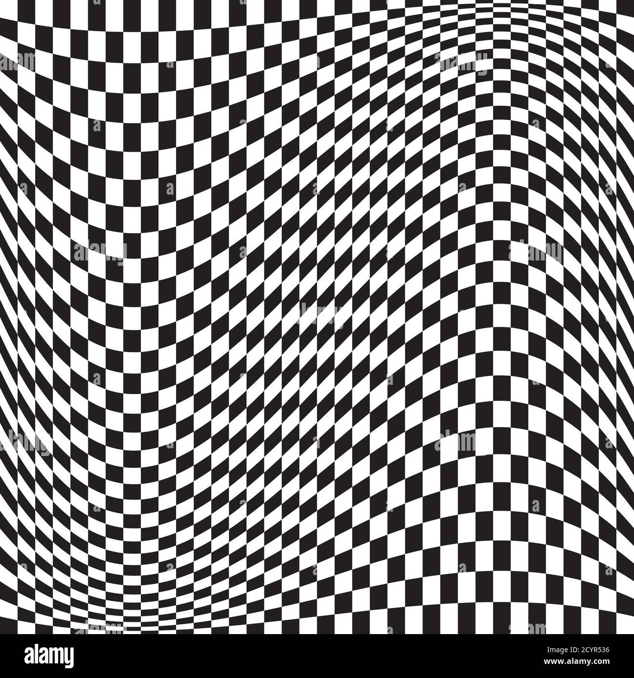 Wavy, waving version Checkered, chequered, chessboard surface with distortion, deformation effect. Distort, deform squares background, pattern. Stock Vector