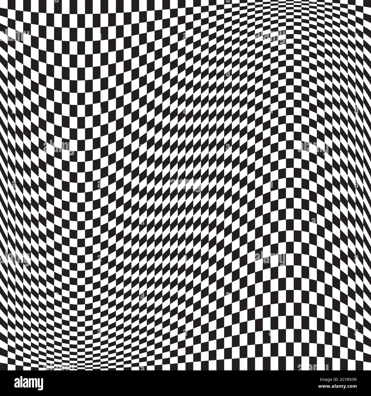 Wavy, waving version Checkered, chequered, chessboard surface with distortion, deformation effect. Distort, deform squares background, pattern. Stock Vector