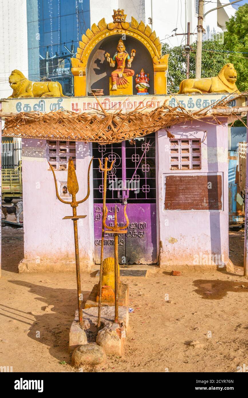 TAMILNADU, INDIA a Hindu Indian temple in Coimbatore. with colorful painting of hindu gods on wall. rural village worship place Stock Photo