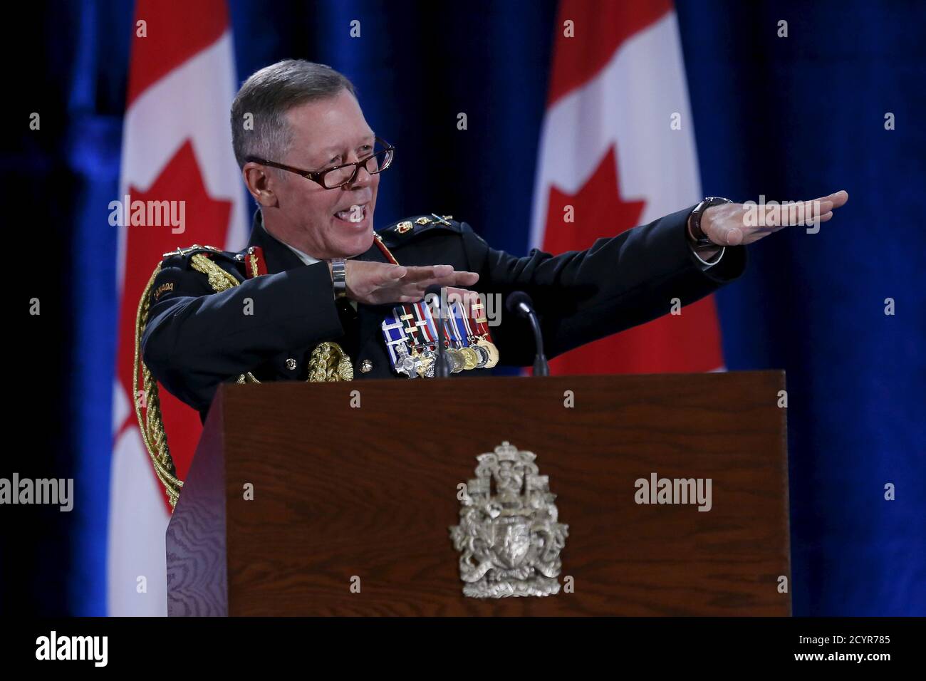 Canada's new Chief of Defence Staff General Jonathan Vance speaks during a change of command ceremony in Ottawa, Canada July 17, 2015. REUTERS/Chris Wattie Stock Photo