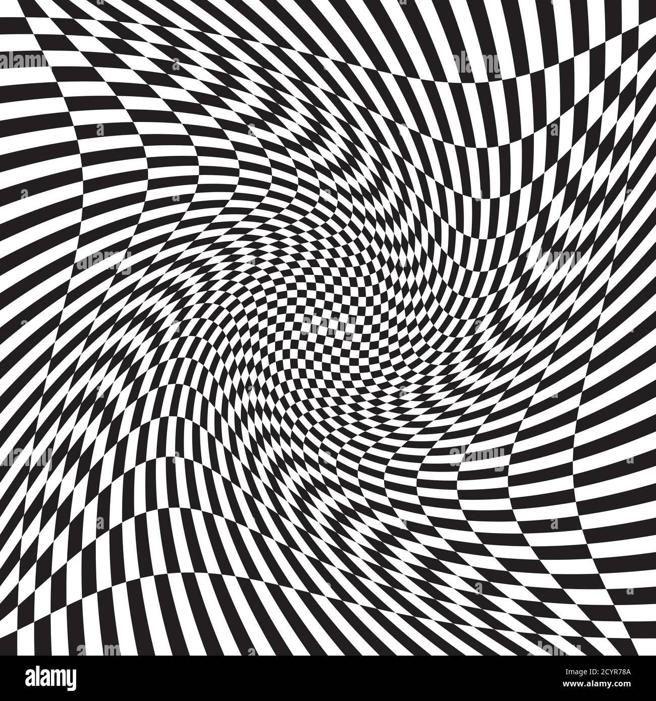 Checkered, chequered, chessboard surface with distortion, deformation effect. Distort, deform squares background, pattern. Ripple, wavy version Stock Vector