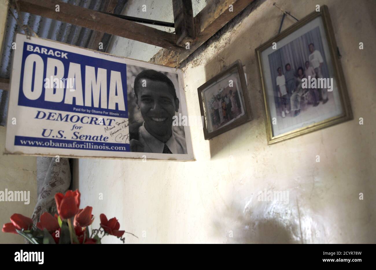 An autographed Senatorial campaign poster for U.S. President Barack Obama is seen inside his parental grandmother Sarah Hussein Onyango Obama in his ancestral home village of Nyang'oma Kogelo, west of Kenya's capital Nairobi, July 14, 2015. President Obama visits Kenya and Ethiopia in July, his third major trip to Sub-Saharan Africa after travelling to Ghana in 2009 and to Tanzania, Senegal and South Africa in 2011. He has also visited Egypt, in North Africa, and South Africa for Nelson Mandela's funeral. Obama will be welcomed by a continent that had expected closer attention from a man they  Stock Photo