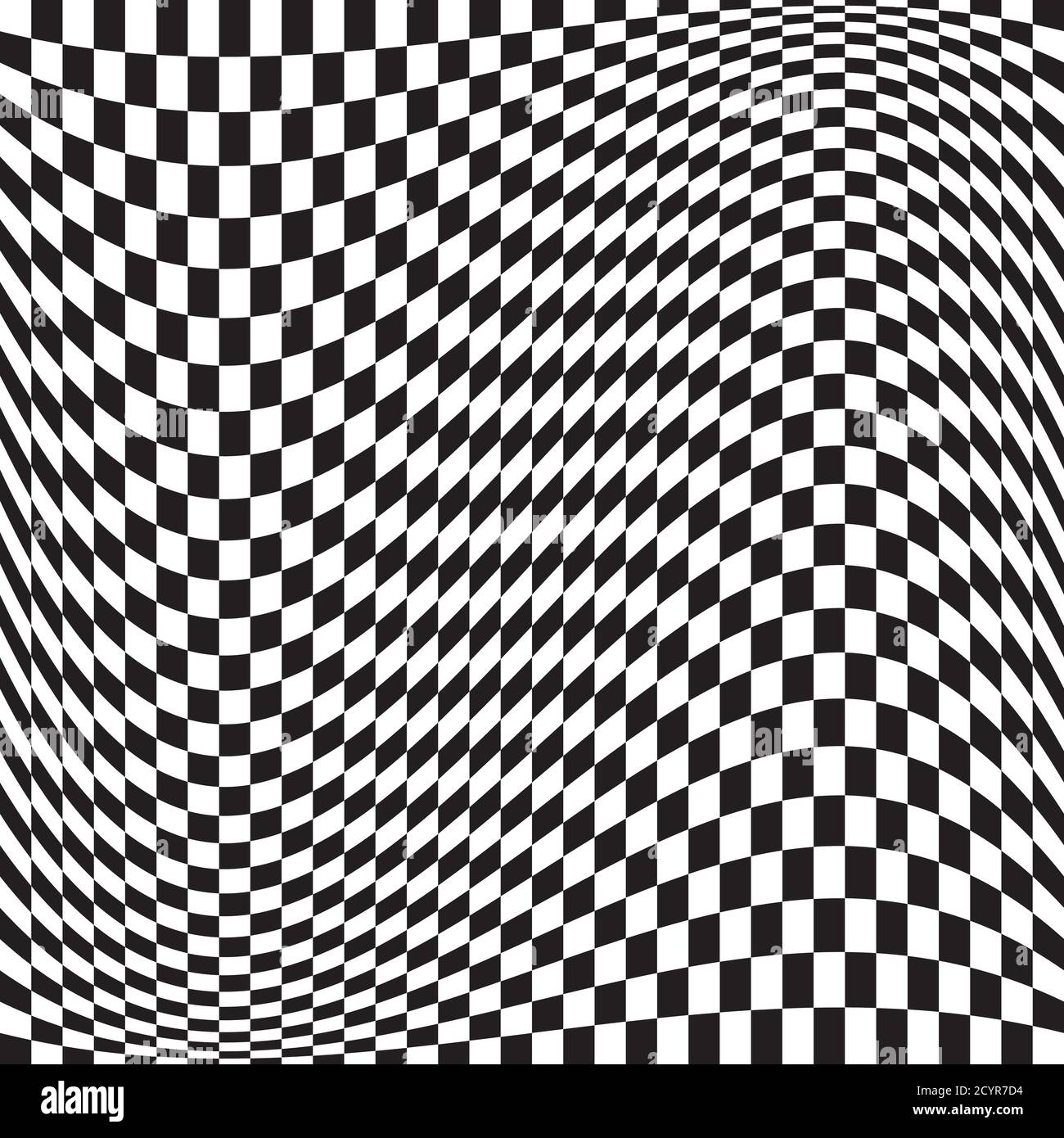 Wavy, waving version Checkered, chequered, chessboard surface with distortion, deformation effect. Distort, deform squares background, pattern. Stock Vector