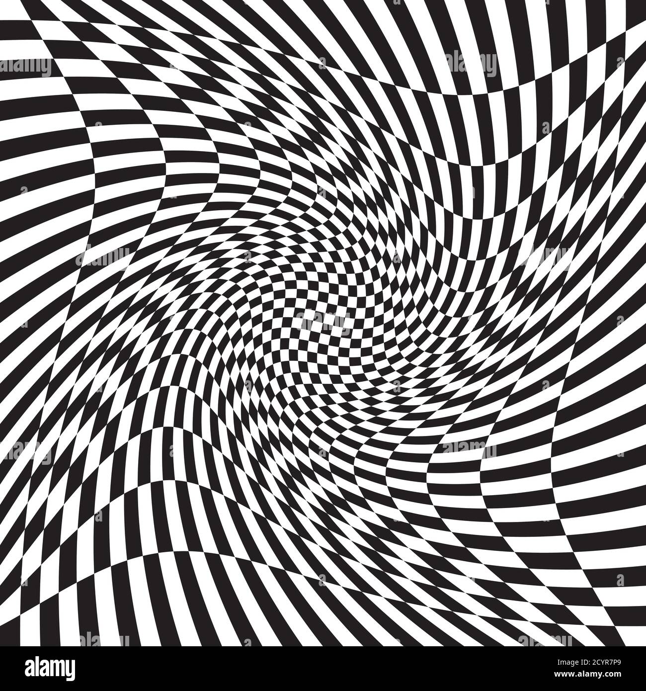 Checkered, chequered, chessboard surface with distortion, deformation effect. Distort, deform squares background, pattern. Ripple, wavy version Stock Vector