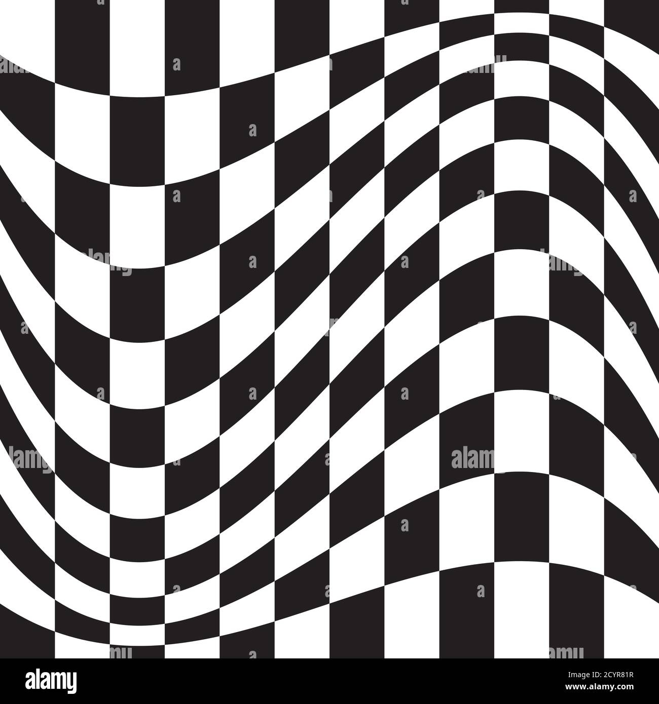 Wavy, waving version Checkered, chequered, chessboard surface with distortion, deformation effect. Distort, deform squares background, pattern. Stock Vector