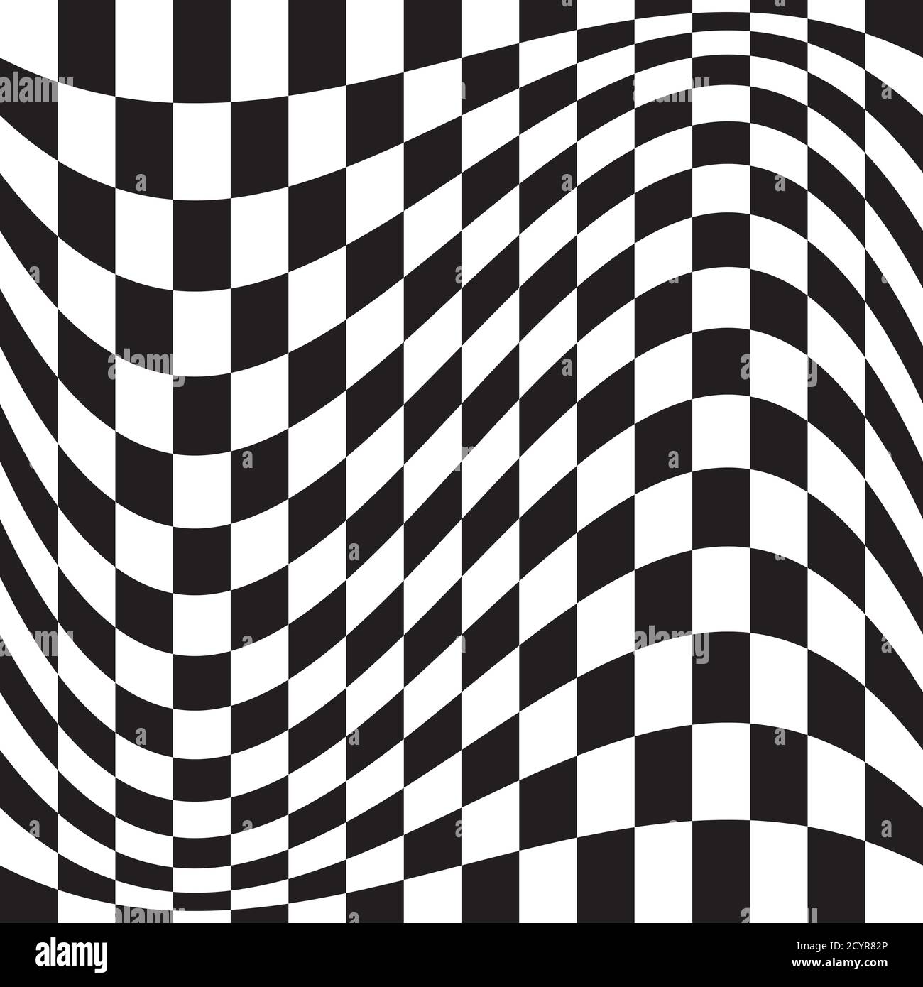 Wavy, waving version Checkered, chequered, chessboard surface with distortion, deformation effect. Distort, deform squares background, pattern. Stock Vector