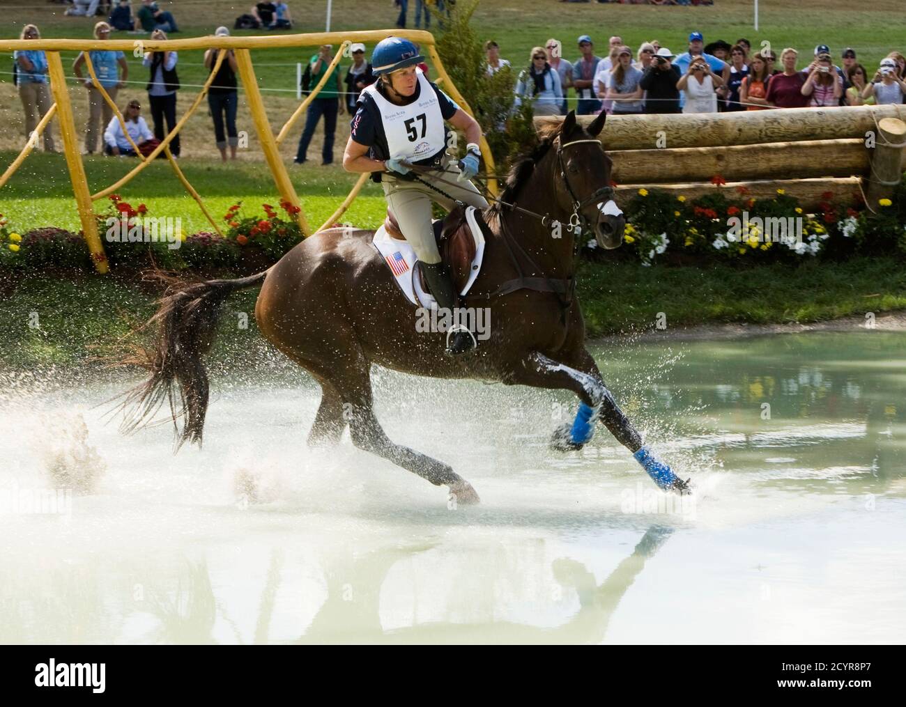 Karen O'Connor of the United States riding Mandiba competes in the cross country phase of the Eventing World Championship at the World Equestrian Games in Lexington, Kentucky, October 2, 2010. REUTERS/Caren Firouz  (UNITED STATES - Tags: SPORT EQUESTRIANISM) Stock Photo