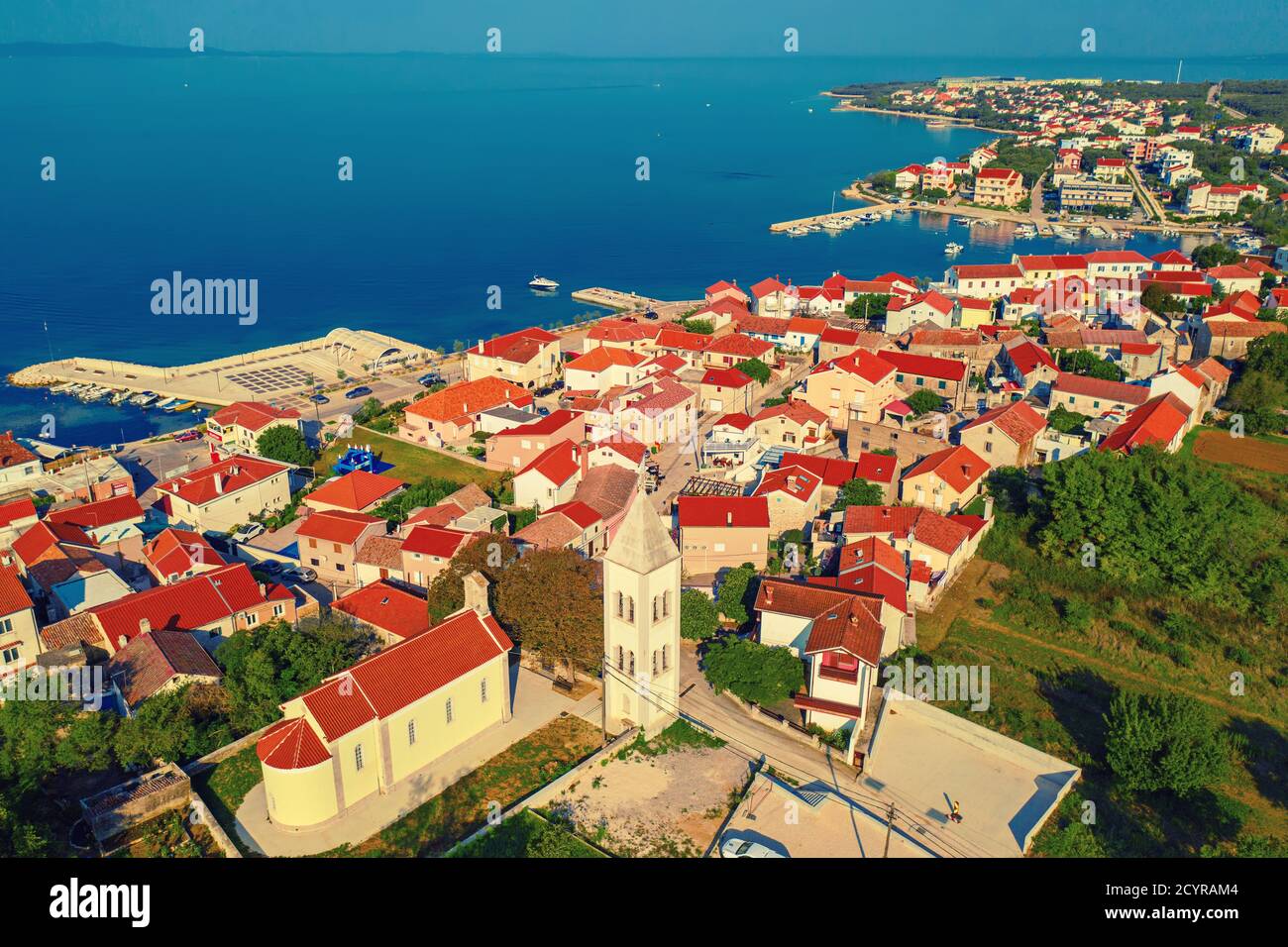 Aerial top view of village Petrcane, Croatia. Touristic background with