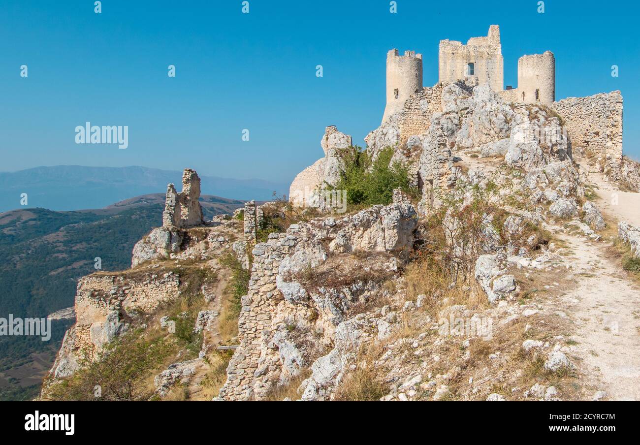 An amazing mountaintop castle used as location for movies like "Ladyhawke"  or "In the Name of the Rose", Rocca Calascio displays a breathtaking view  Stock Photo - Alamy