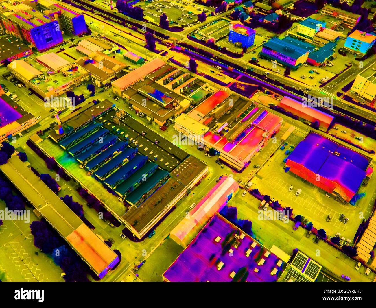 thermal photography industrial zone district drone aerial view Stock Photo