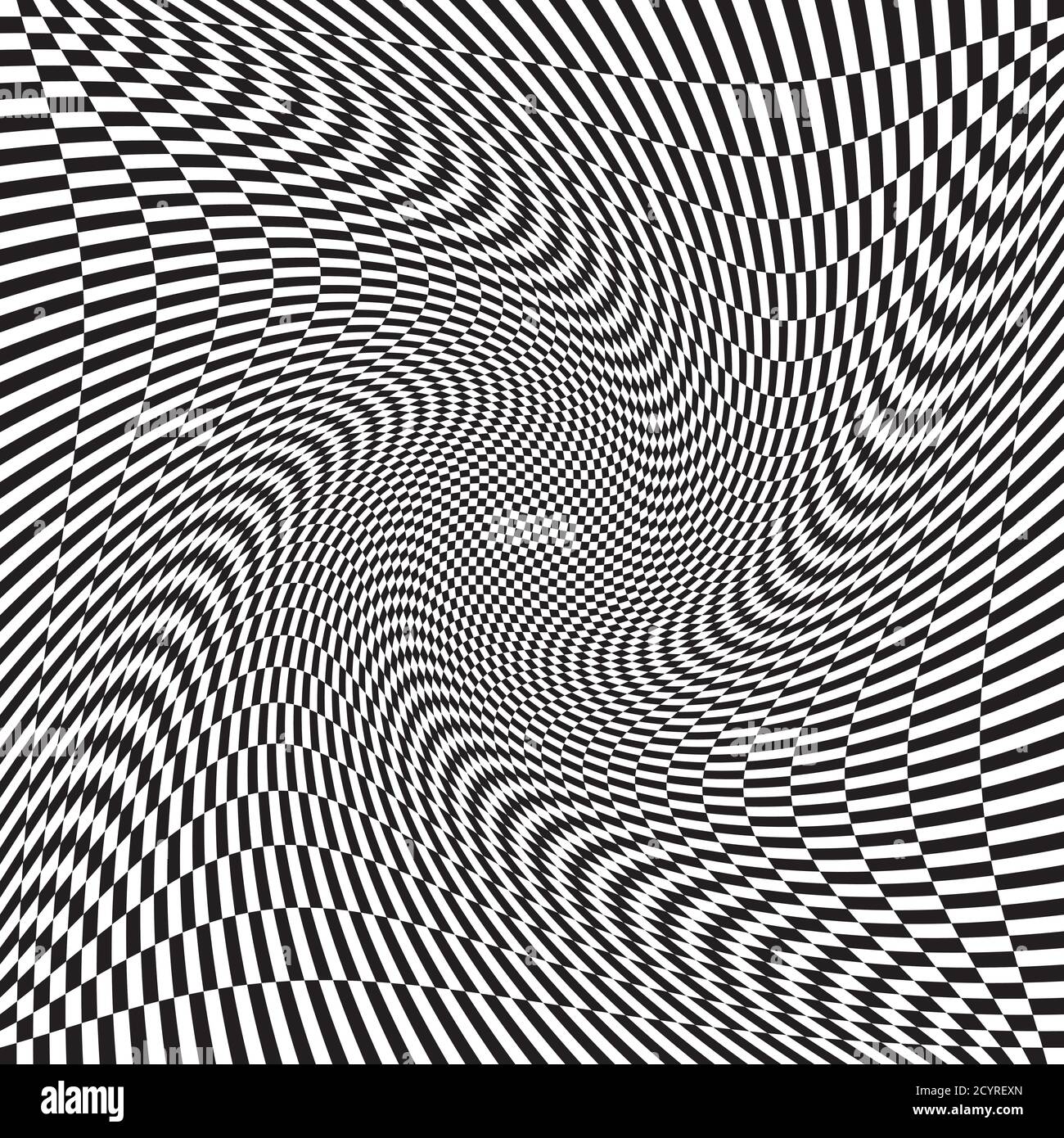 Checkered, chequered, chessboard surface with distortion, deformation effect. Distort, deform squares background, pattern. Ripple, wavy version Stock Vector