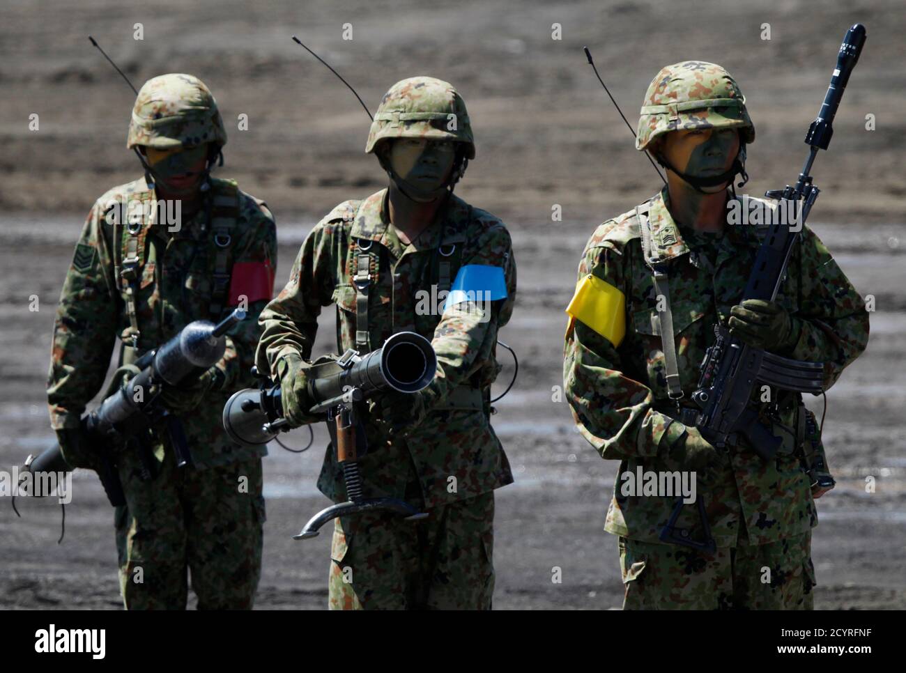 Japanese Ground SelfDefense Force soldiers hold antitank weapons
