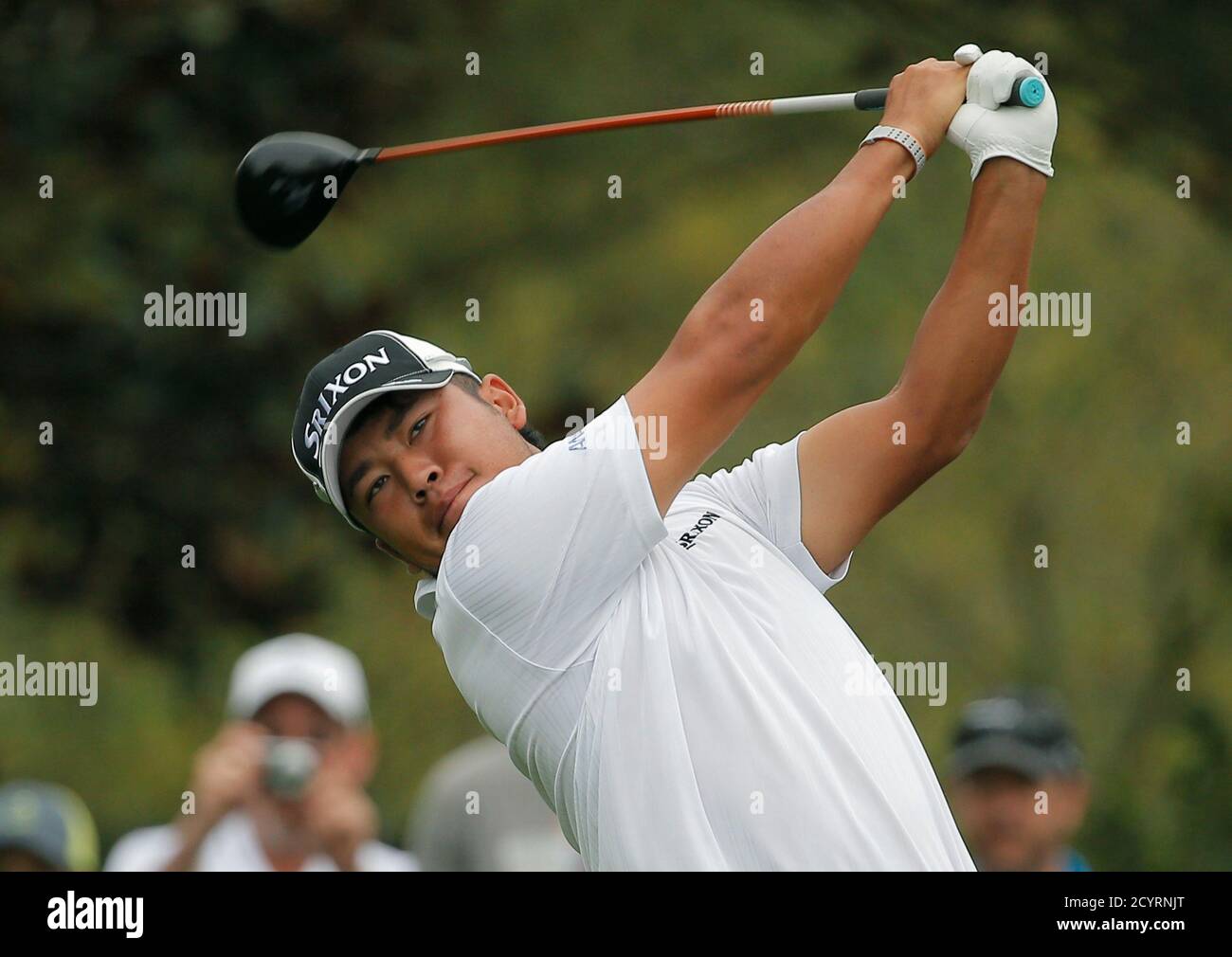 Hideki Matsuyama of Japan hits off the 15th tee during his practice round ahead of the 2015 Masters at Augusta National Golf Course in Augusta, Georgia April 8, 2015. REUTERS/Brian Snyder Stock Photo