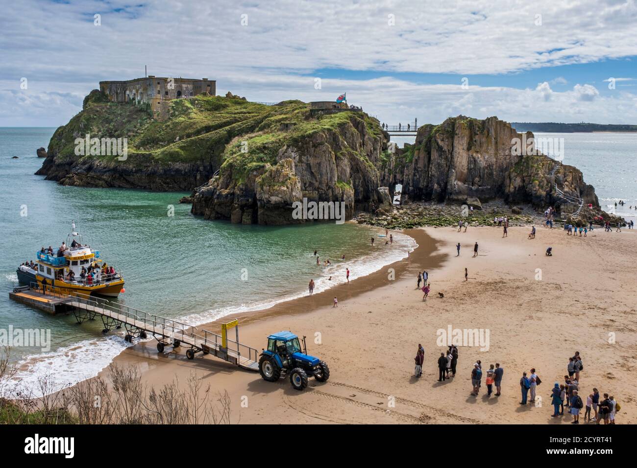 Regular boat trips to Caldey Island run from Castle Beach during summer, Tenby, Pembrokeshire Coast National Park,  Pembrokeshire, Wales Stock Photo