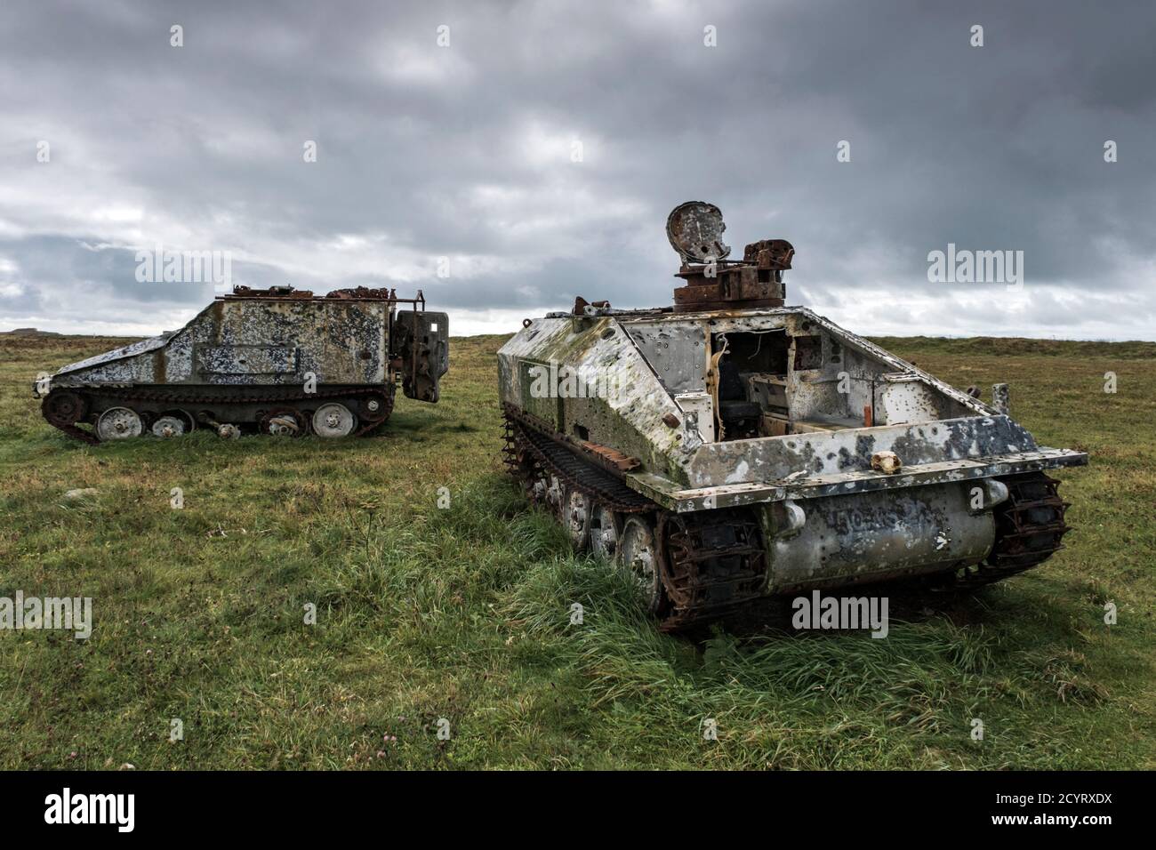 Old military vehicles used for target practice on the MOD Training Area at Castlemartin, Pembrokeshire, South Wales Stock Photo