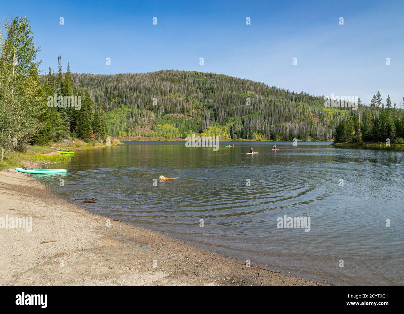 Clark, Colorado/USA - September 14, 2020:  Unidentified people enjoy kayaking and paddleboarding on Pearl Lake on a beautiful autumn day Stock Photo