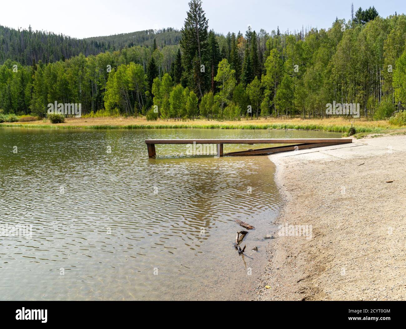 A small boat ramp at Pearl Lake State Park in Clark, Colorado Stock