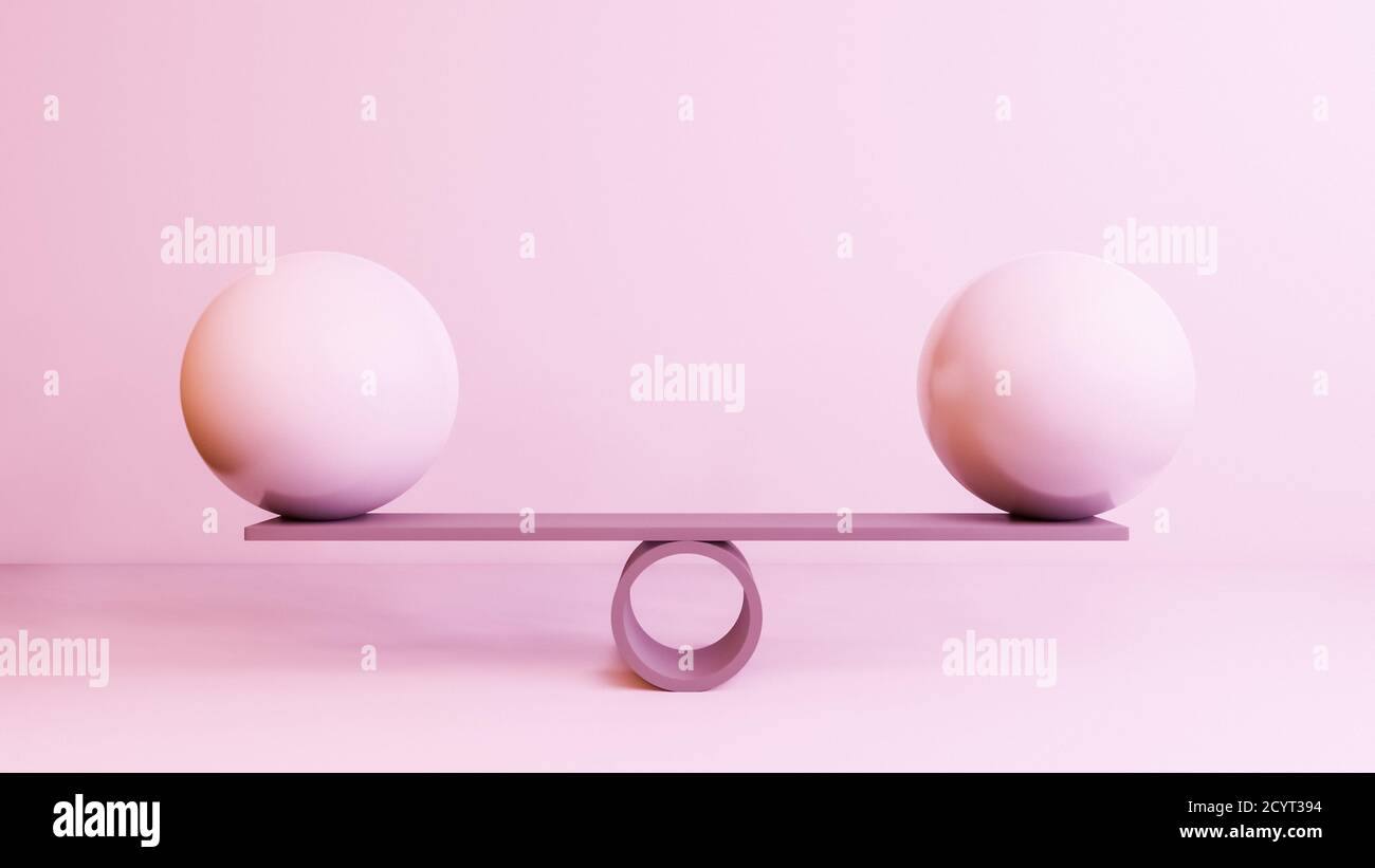 Balance equality, stability concept with libra, scale, balls or globes balancing in realistic studio interior, 3d rendering illustration wallpaper Stock Photo