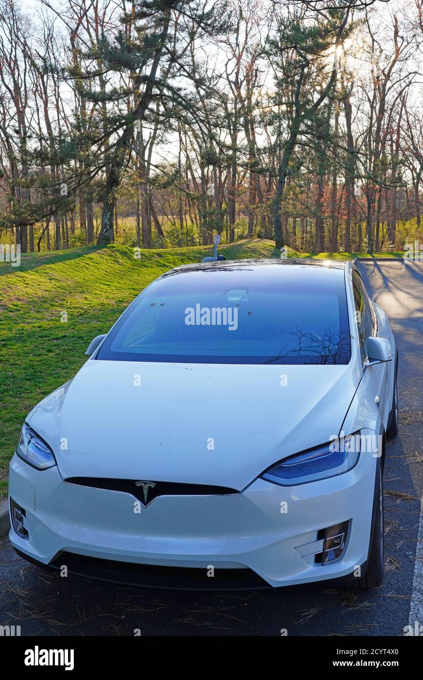 PRINCETON, NJ 21 MAR 2020 View of a white Tesla Model X car in an