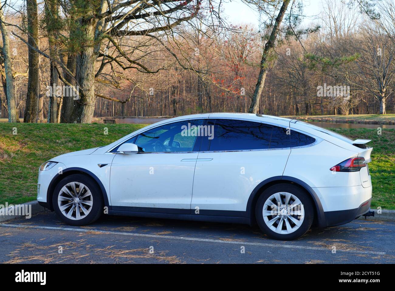 PRINCETON, NJ 21 MAR 2020 View of a white Tesla Model X car in an
