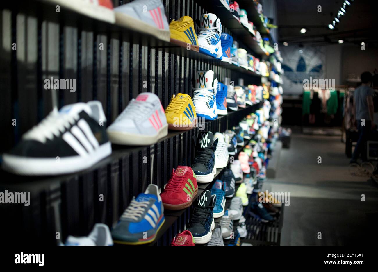 Adidas Original shoes are pictured before the opening at the new Adidas  Originals store in Berlin, March 27, 2014. Adidas has launched a new store  blueprint for its Originals fashion brand with