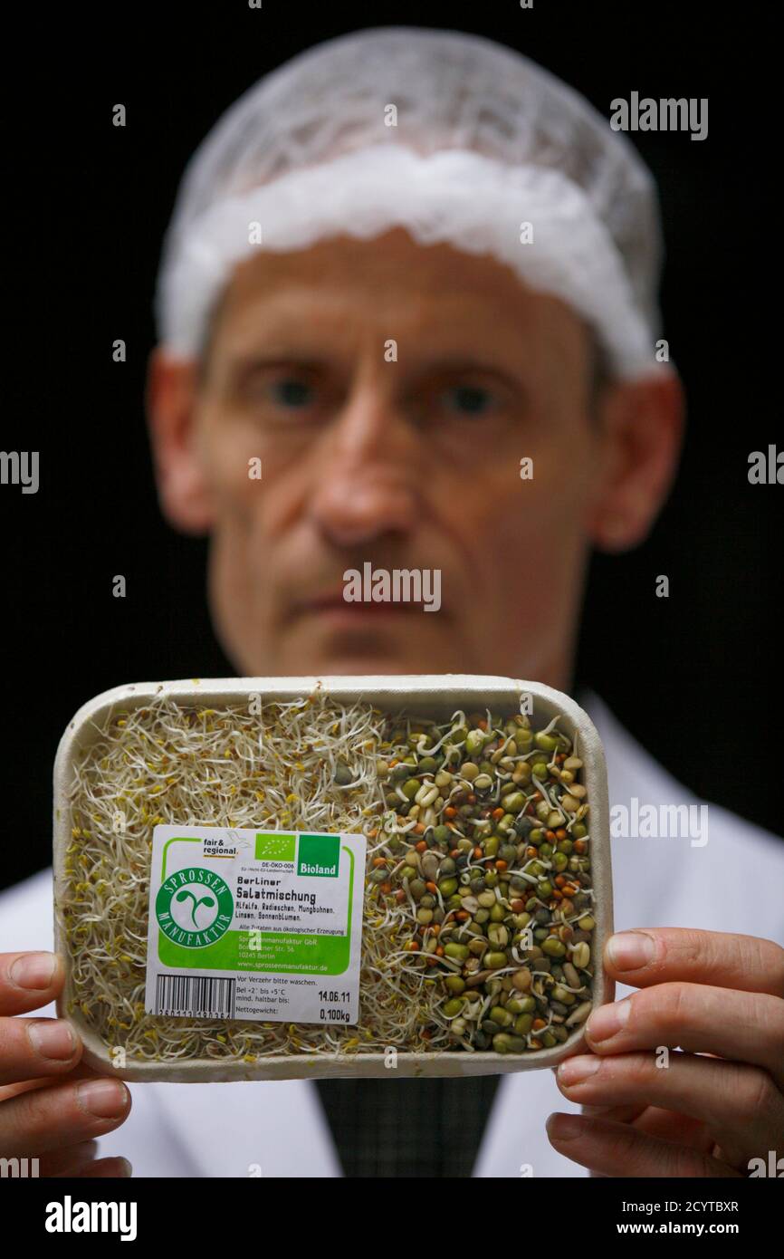 Employee Wolfgang Funkhauser of Berlin's sprouts manufacturer 'Sprossenmanufaktur' displays a mixture of bean and salad sprouts in Berlin June 6, 2011. The managing director of a German organic farm near Hanover that might be at the centre of a deadly E.coli outbreak said on Monday he was baffled that his beansprouts are suspected of causing such devastation. German officials said on Sunday the beansprouts of Klaus Verbeck, the head of the 'Gaertnerhof Bienenbuettel', could be the source of the EHEC bacteria (enterohaemorrhagic Escherichia coli) outbreak that has killed 22 and made more than 2 Stock Photo