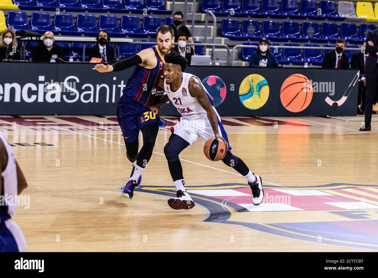 Will Clyburn of CSKA Moscow drives with Victor Claver of Fc Barcelona during the Turkish Airlines EuroLeague Basketball match between Fc Barcelona and Stock Photo