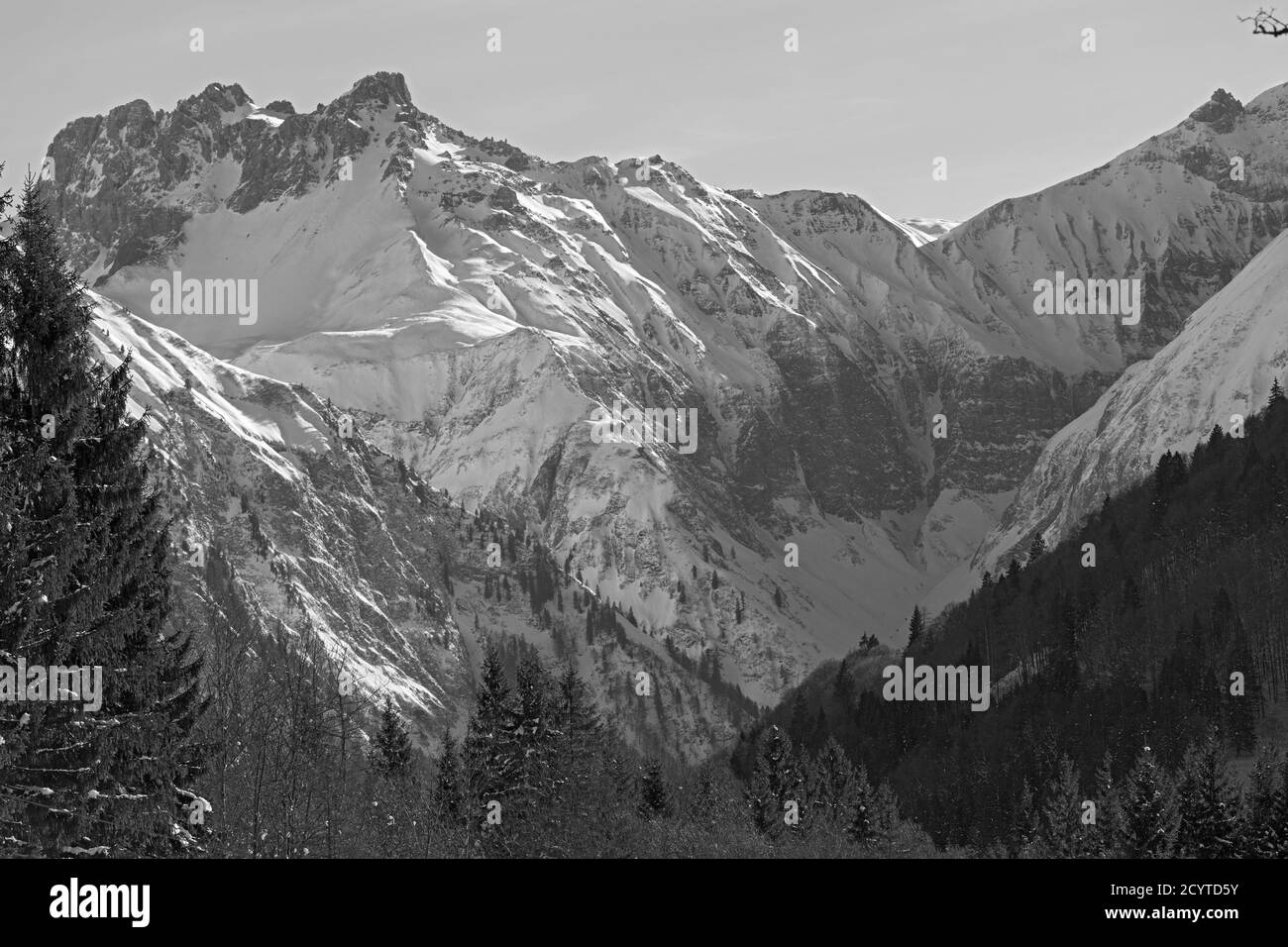 Trettachtal, Winterlandschaft; Wald, Berge, schneebedeckt, Oberstdorf, Allgäuer Alpen Stock Photo