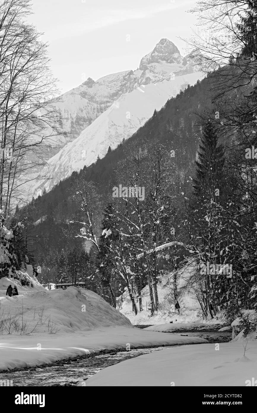 Trettachtal, Winterlandschaft; Bach, Wald, Berge, schneebedeckt, Oberstdorf, Allgäuer Alpen Stock Photo