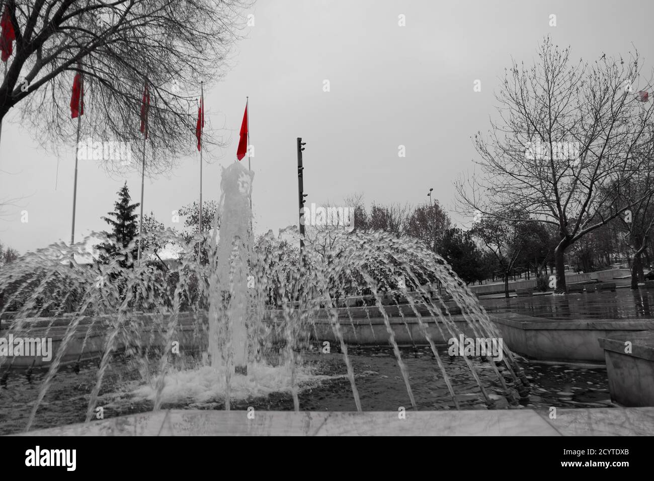 Turkish flags and fountain in Ankara/Turkey Stock Photo
