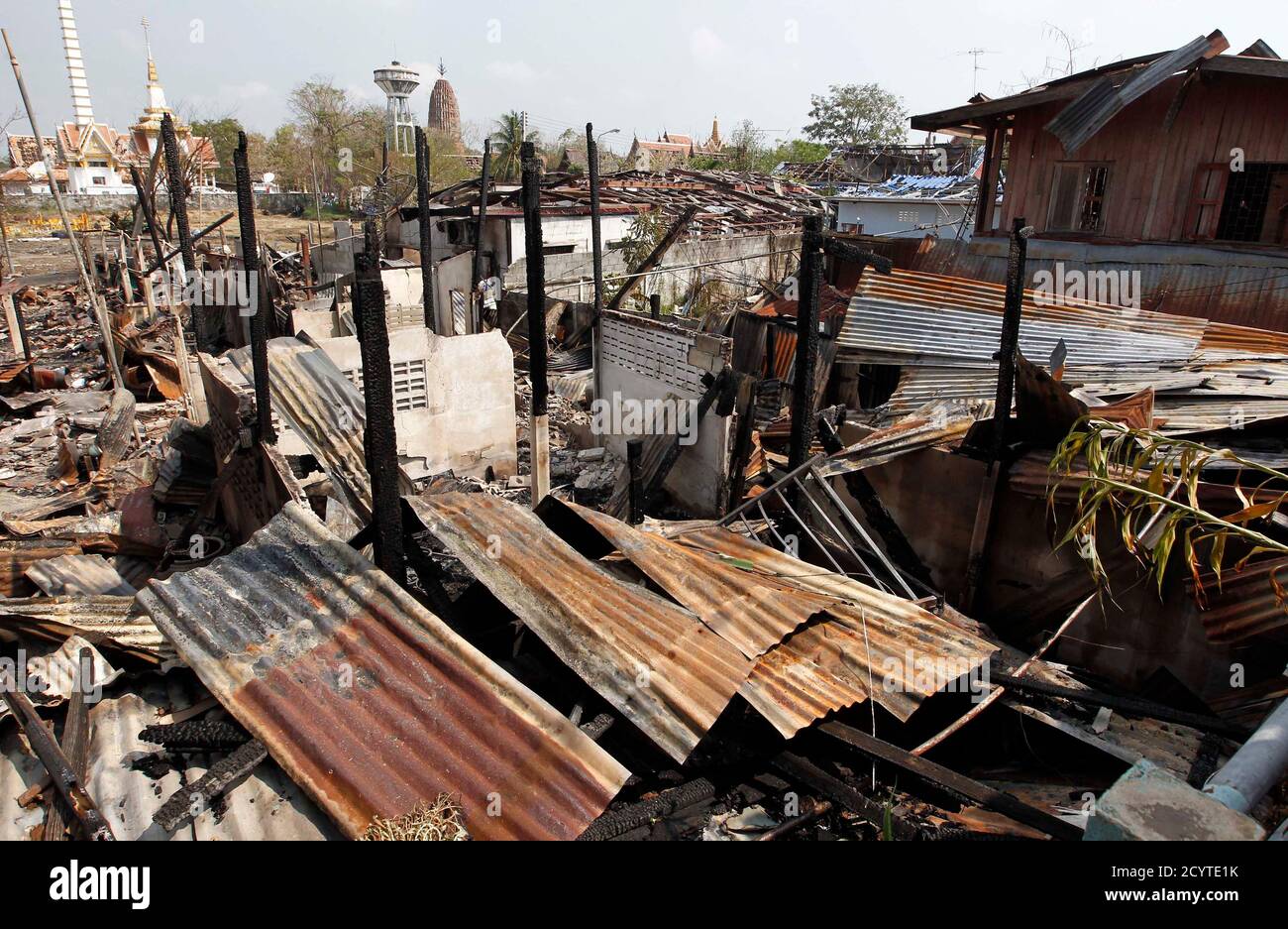 A general view of houses is seen after they were destroyed by fireworks, in Supan Buri province January 25, 2012. A Lunar New Year fireworks display got out of control on Tuesday night, resulting in the deaths of four people with many injured and about 50 houses set ablaze, an official said.      REUTERS/Sukree Sukplang (THAILAND - Tags: DISASTER SOCIETY) Stock Photo