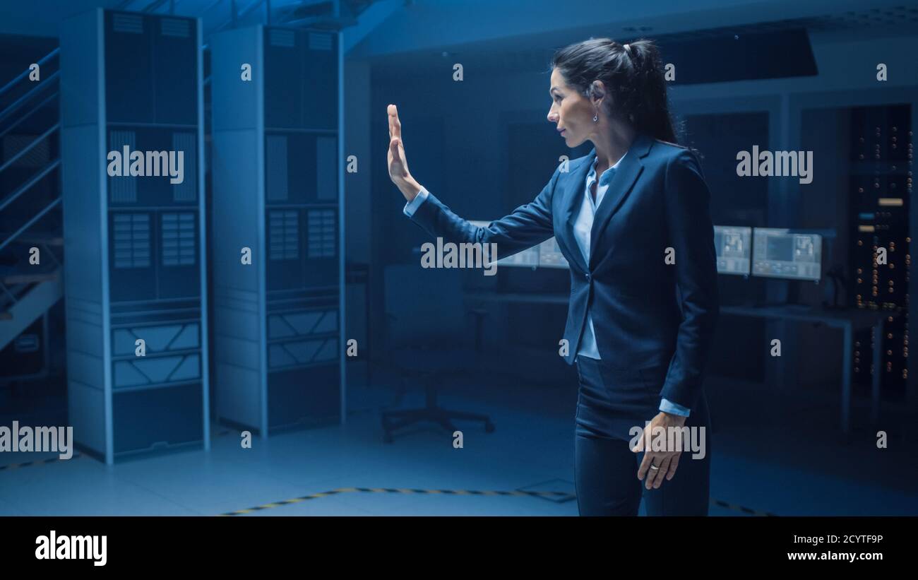 In Modern Data Center Research Laboratory Beautiful Confident Woman