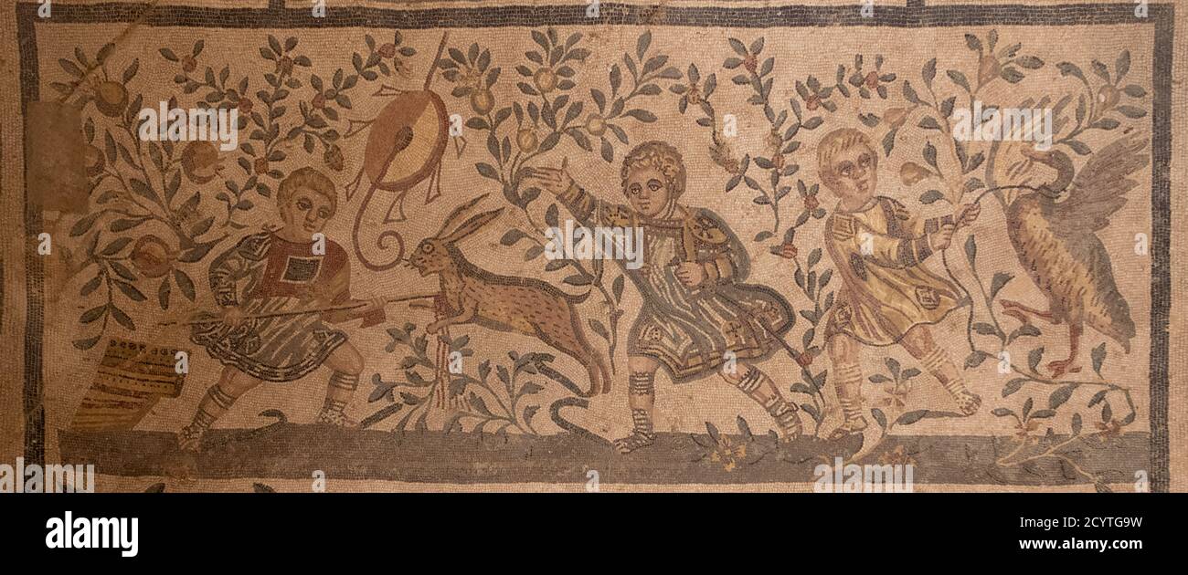 Detail of the mosaic floor in the Room of the Little Hunters, Villa Romana Casale in Piazza Armerina, Sicily. Stock Photo
