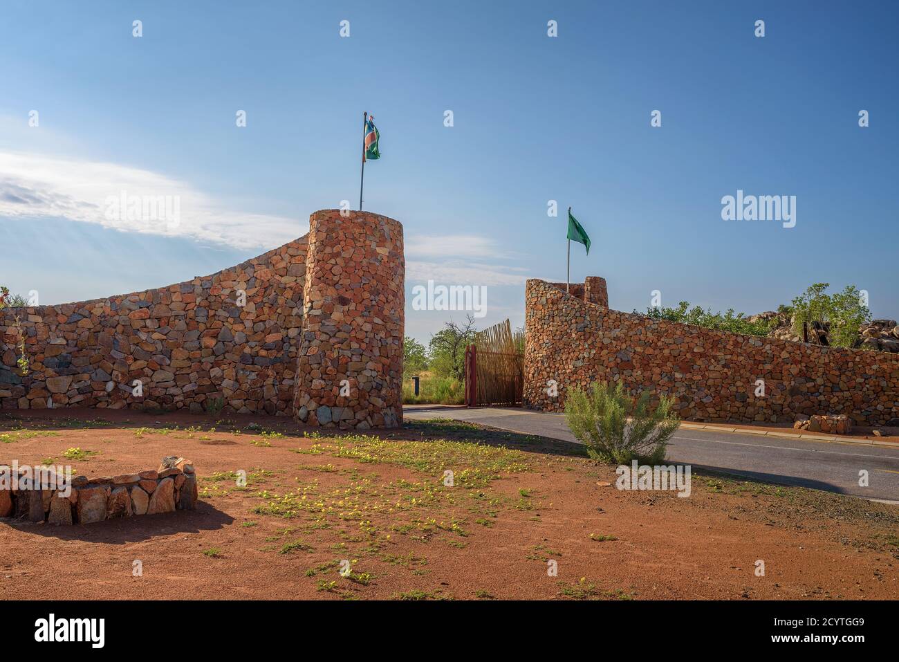 Galton Gate to Etosha National Park in Namibia, south Africa Stock Photo