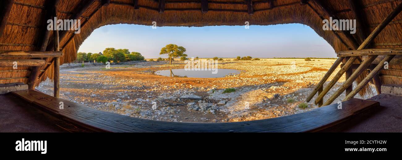 View from animal watching hide over a waterhole in Etosha National Park, Namibia Stock Photo