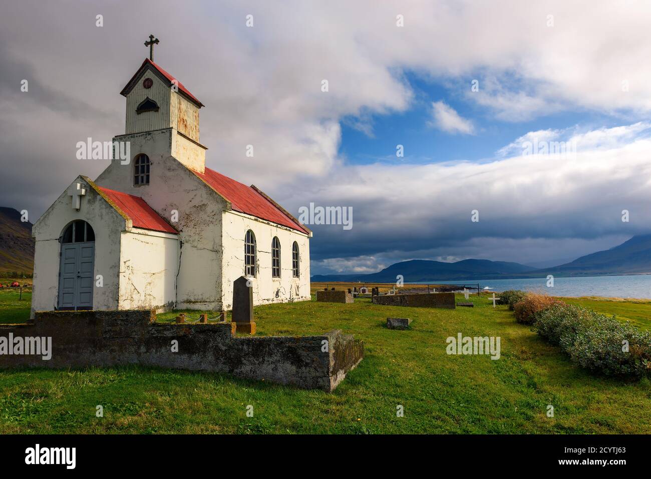 Innra-Holmskirkja church with a cemetery in Iceland Stock Photo