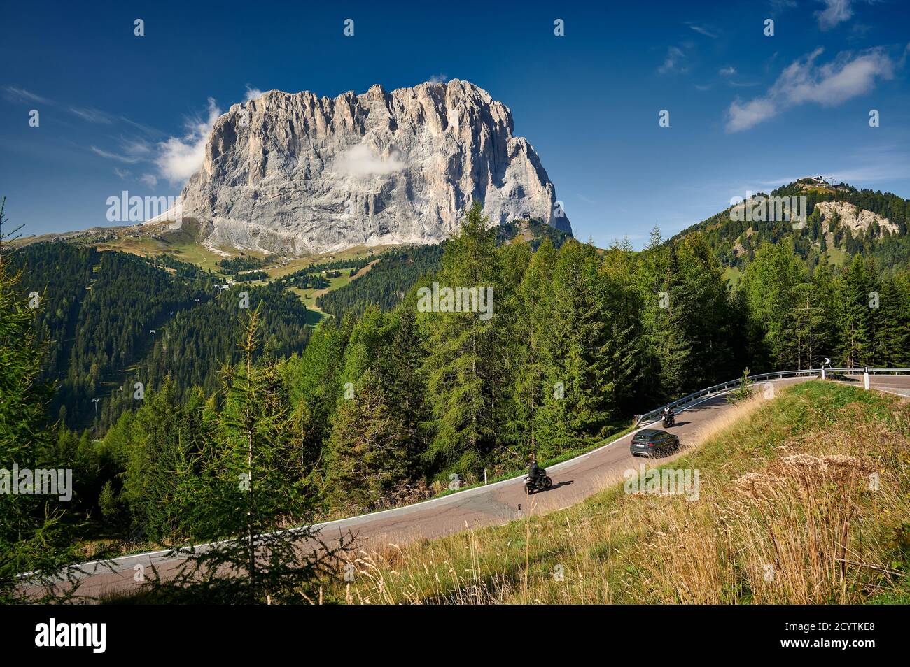 Langkofel - Saslonch, view from Grödnerjoch and Passo Gardena, Wolkenstein, South Tyrol, Italy Stock Photo