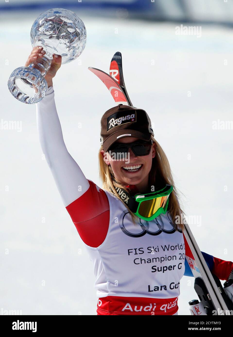Lara Gut Of Switzerland Celebrates With The Trophy After Winning The Overall Women S Super G Competition During The Fis Alpine Skiing World Cup Finals In The Swiss Ski Resort Of Lenzerheide March
