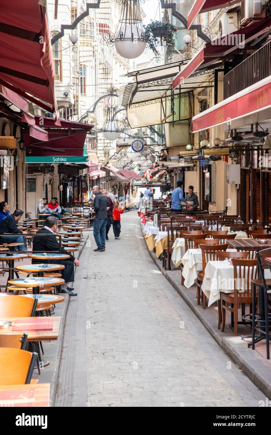 Tables and chairs outside restaurants in Istanbul Stock Photo Alamy