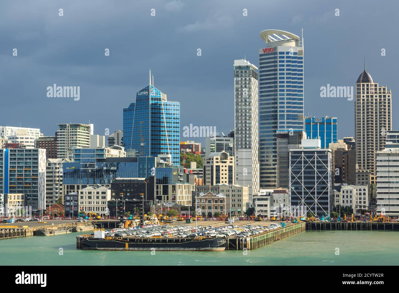 Skyscrapers of the Auckland, New Zealand central business district, seen from the harbor. March 21 2018 Stock Photo