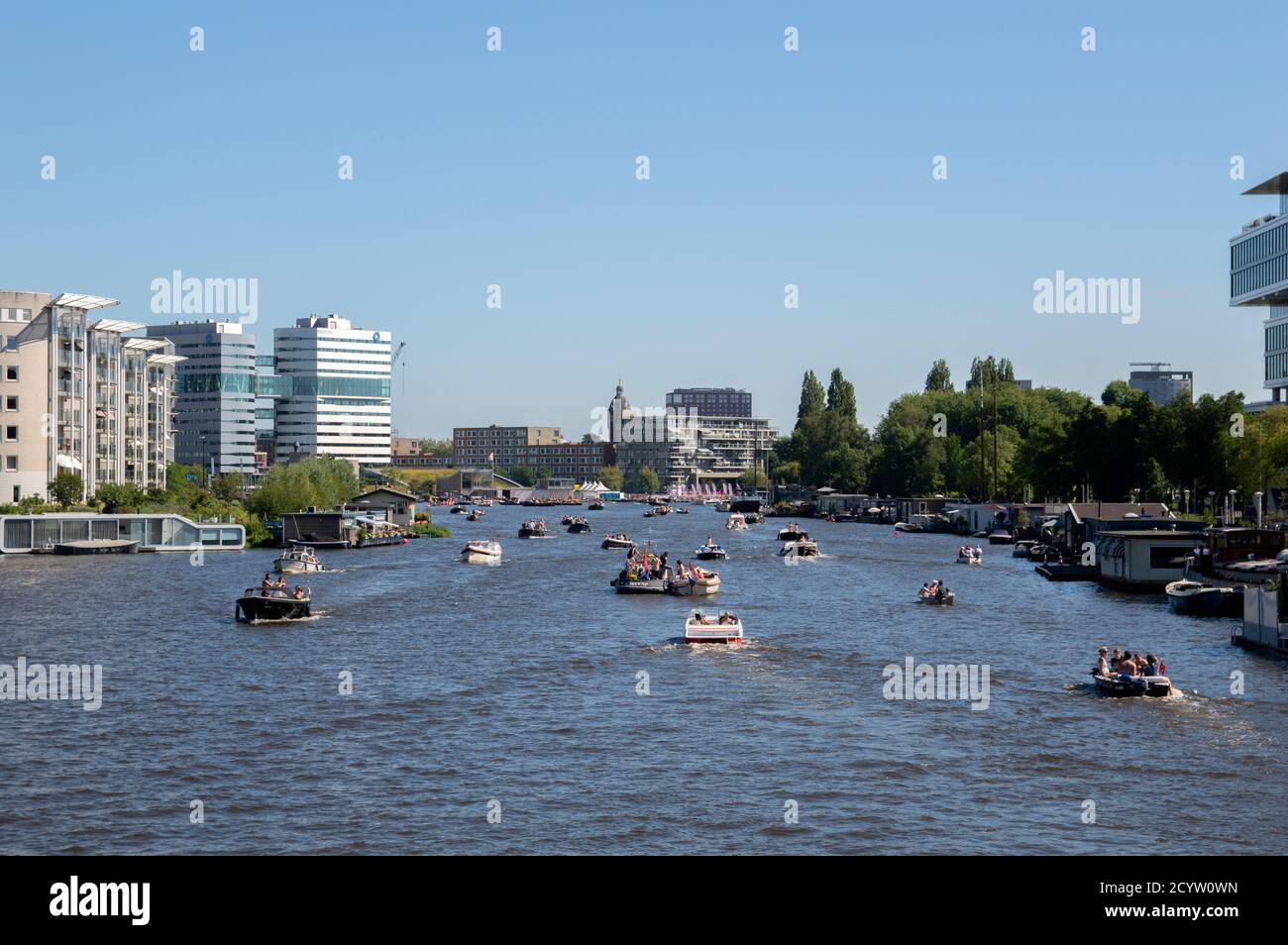 Many Boats On The Amstel River At Amsterdam The Netherlands 30-6-2019 Stock Photo