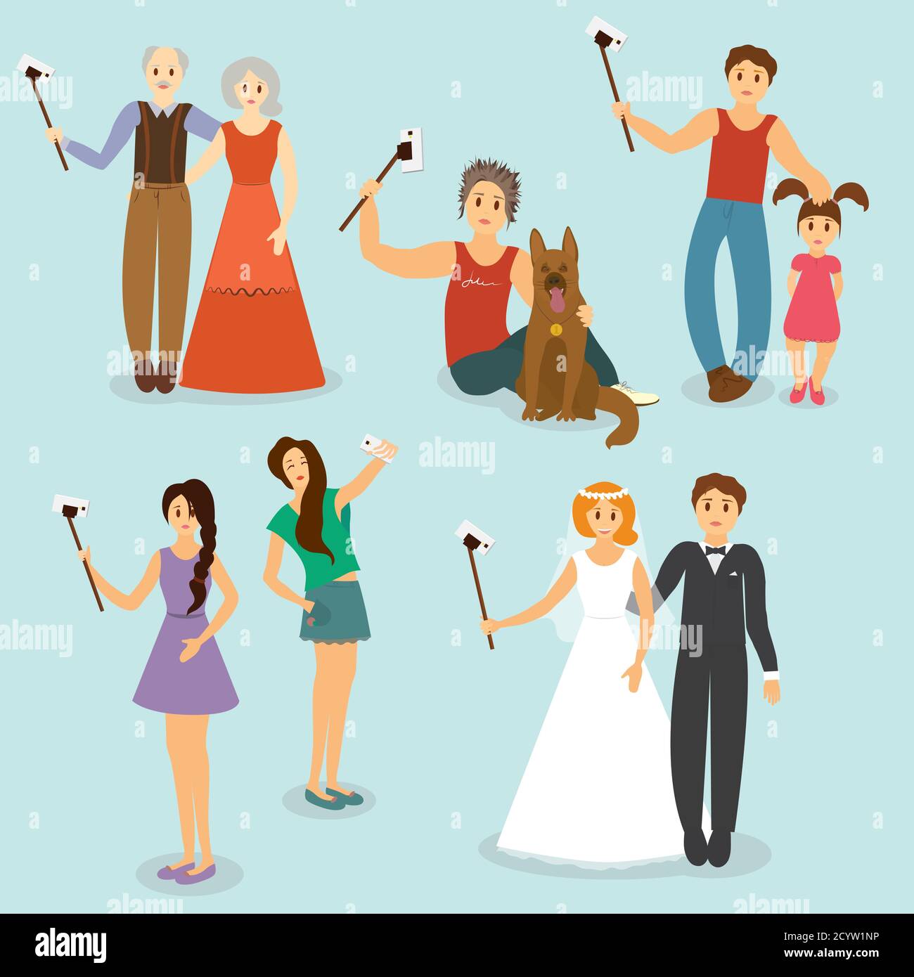 Set of people photographed with older people, the guy with the dog, father and daughter, girlfriend and the couple making selfie - vector Stock Vector