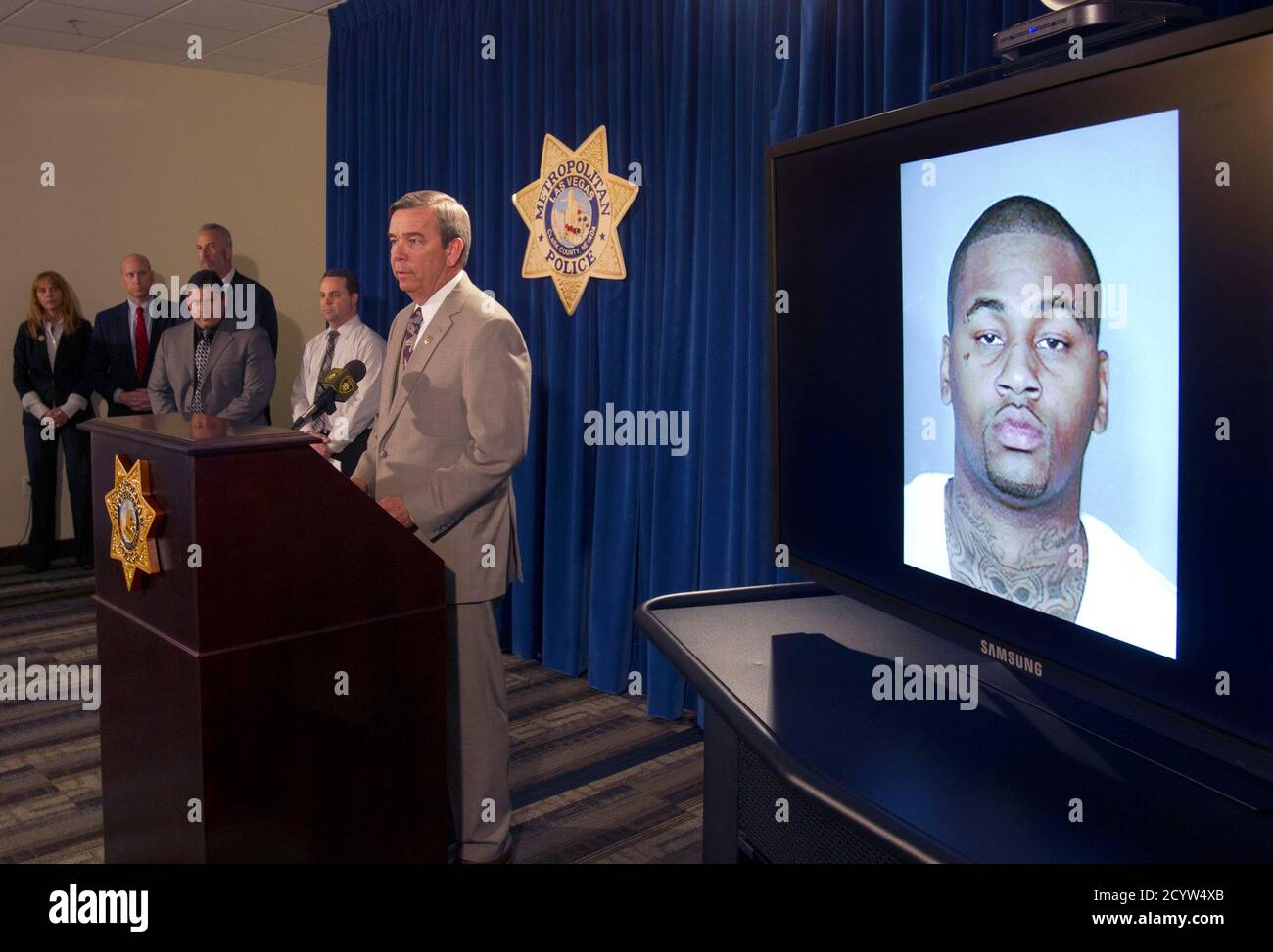 Las Vegas Metropolitan Police Sheriff Douglas Gillespie speaks during a news conference at police headquarters in Las Vegas, Nevada February 28, 2013, after Ammar Harris was arrested in Studio City, Southern California. Harris, 26, is the suspect in a February 21 shooting and accident on the Las Vegas Strip that left three people dead. REUTERS/Steve Marcus/Las Vegas Sun (UNITED STATES - Tags: CRIME LAW) Stock Photo
