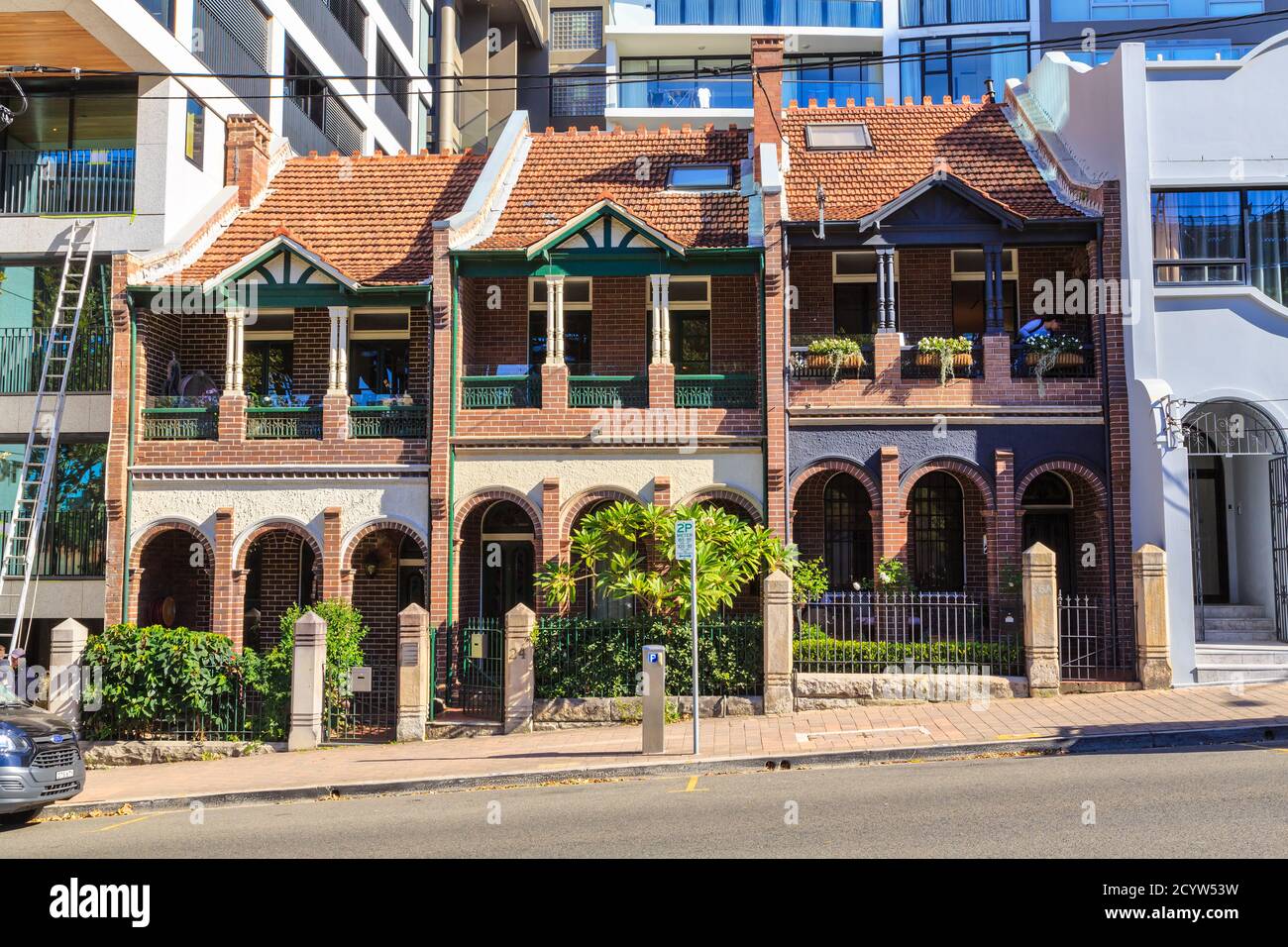 The Alfred Street Terraces in Milsons Point, Sydney, Australia. These historic houses were built in the Victorian style in 1901 Stock Photo