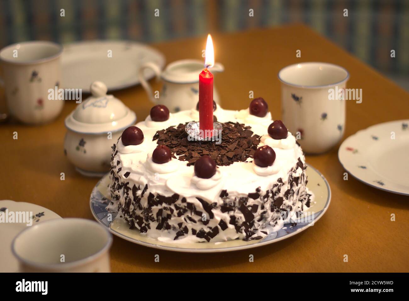 Homemade vegan German black forest cake served on table for birthday Stock Photo