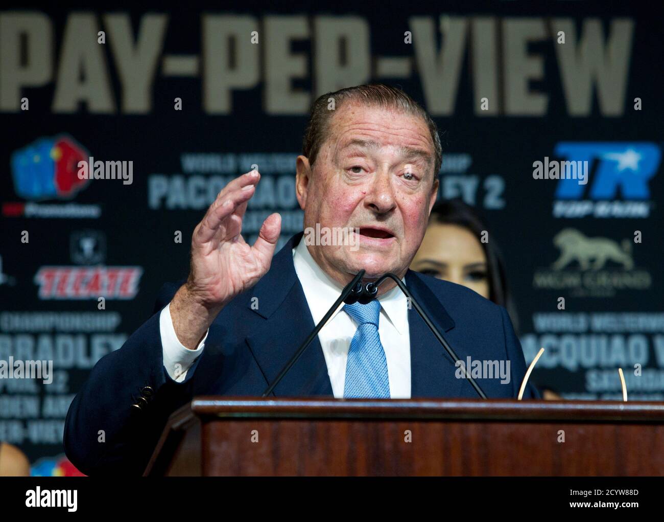 Boxing promoter Bob Arum, CEO of Top Rank, speaks during a boxing news  conference at the MGM Grand Hotel and Casino in Las Vegas, Nevada April 9,  2014. Manny Pacquiao of the