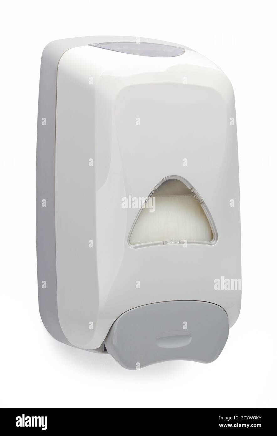 Commercial Bathroom Soap Dispenser Isolated on White. Stock Photo