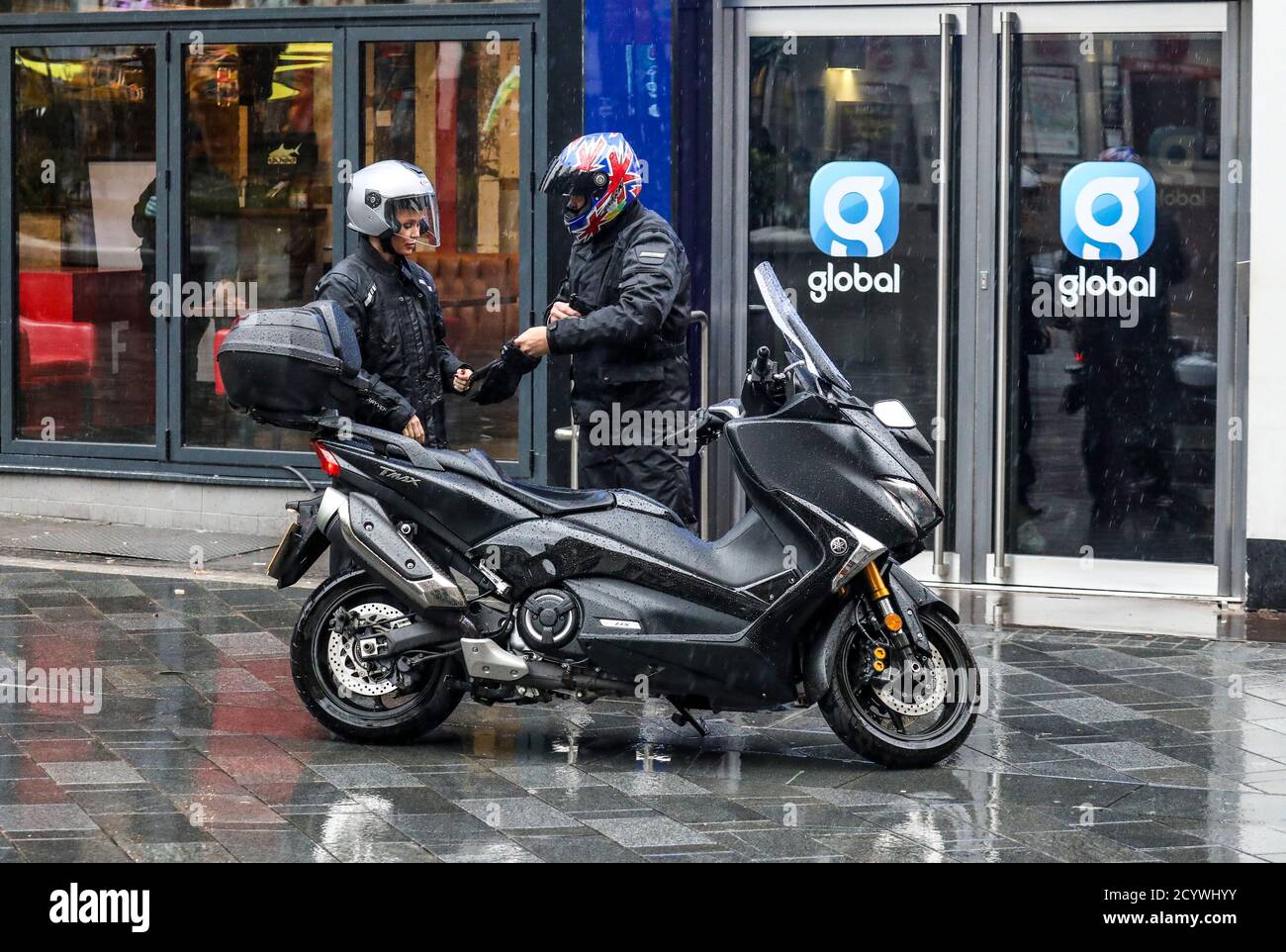 Amanda Holden seen departing the Global Radio Studios during a rainy