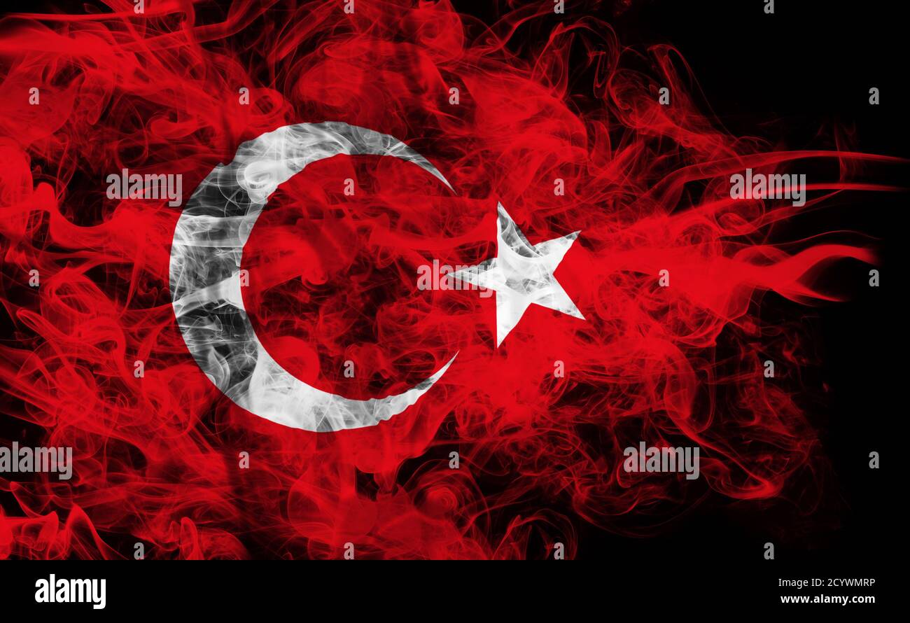Smoke shape of national Turkish flag of Turkey isolated on black background. Business concept of crisis and international commercial tension. 3D Stock Photo